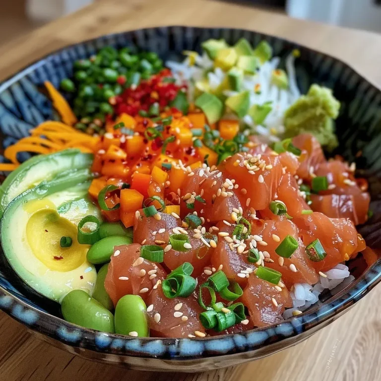 Schnelle Würzige Garnelen-Poke-Bowl für jeden Tag Close-up view of a vibrant Würzige Garnelen Poke Bowl with shrimp, rice, and colorful vegetables.