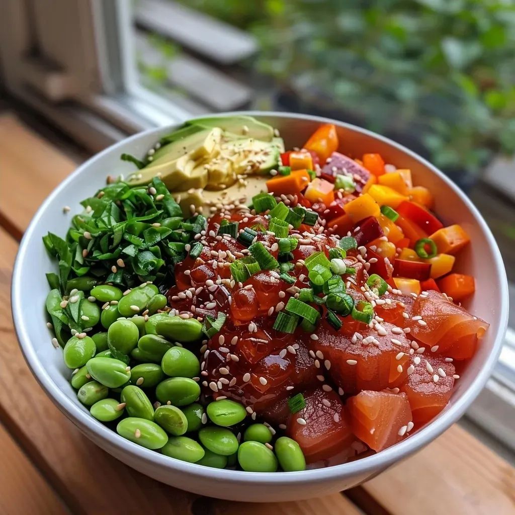 Detail of Würzige Garnelen Poke Bowl showcasing marinated shrimp, sliced cucumbers, and edamame.
