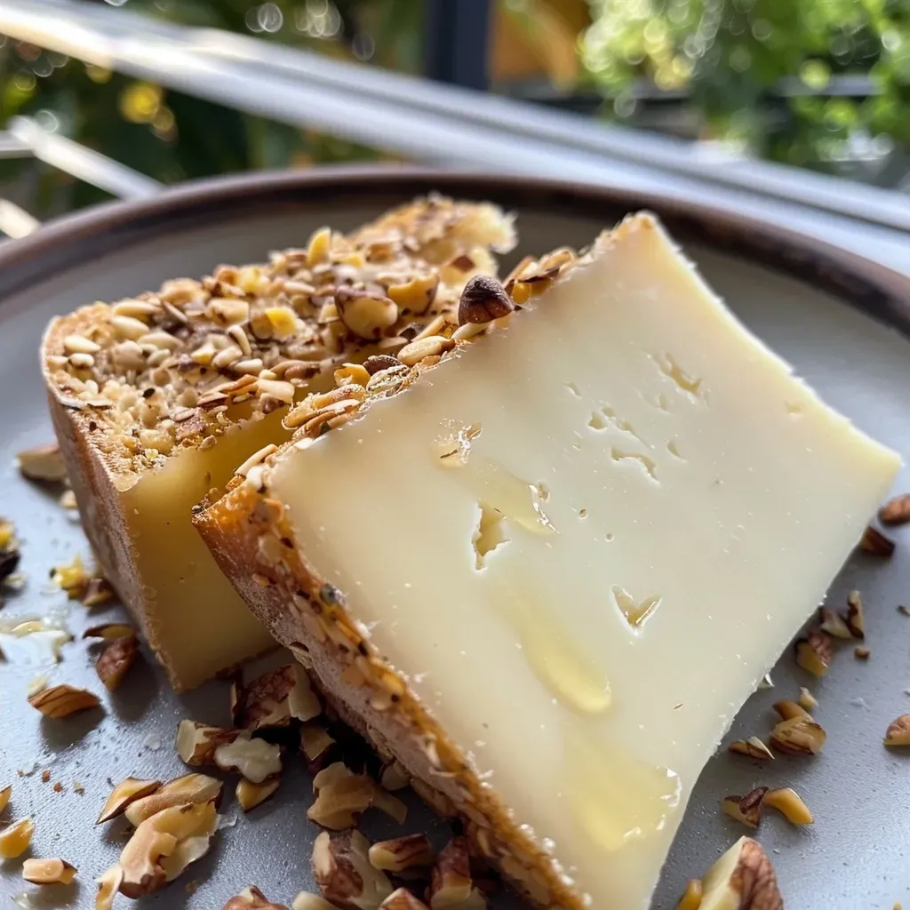 Side view of a plate featuring Ziegenkäse, honey, and chopped walnuts.