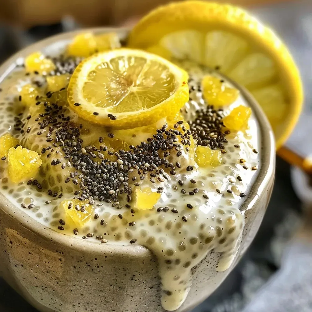A close-up side view of a creamy Zitronencreme Chia Pudding topped with zest and served in a glass.