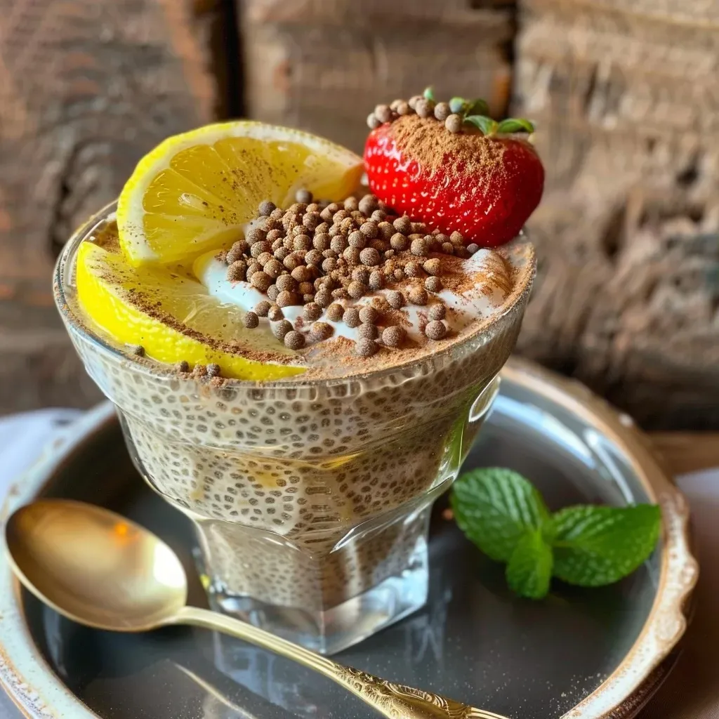 Close-up of a creamy lemon chia pudding in a glass, garnished with lemon zest.