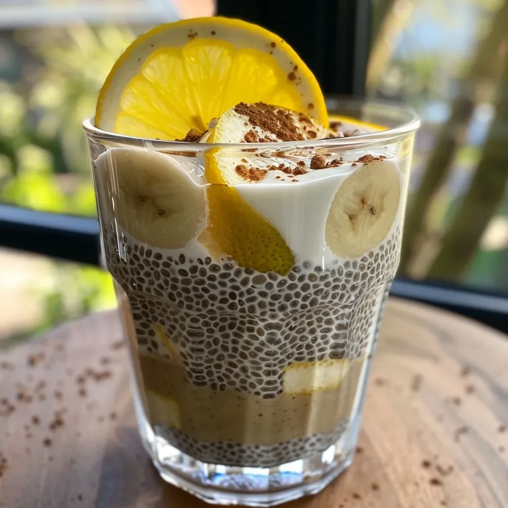 Close-up of a creamy lemon chia pudding in a glass, garnished with lemon zest.