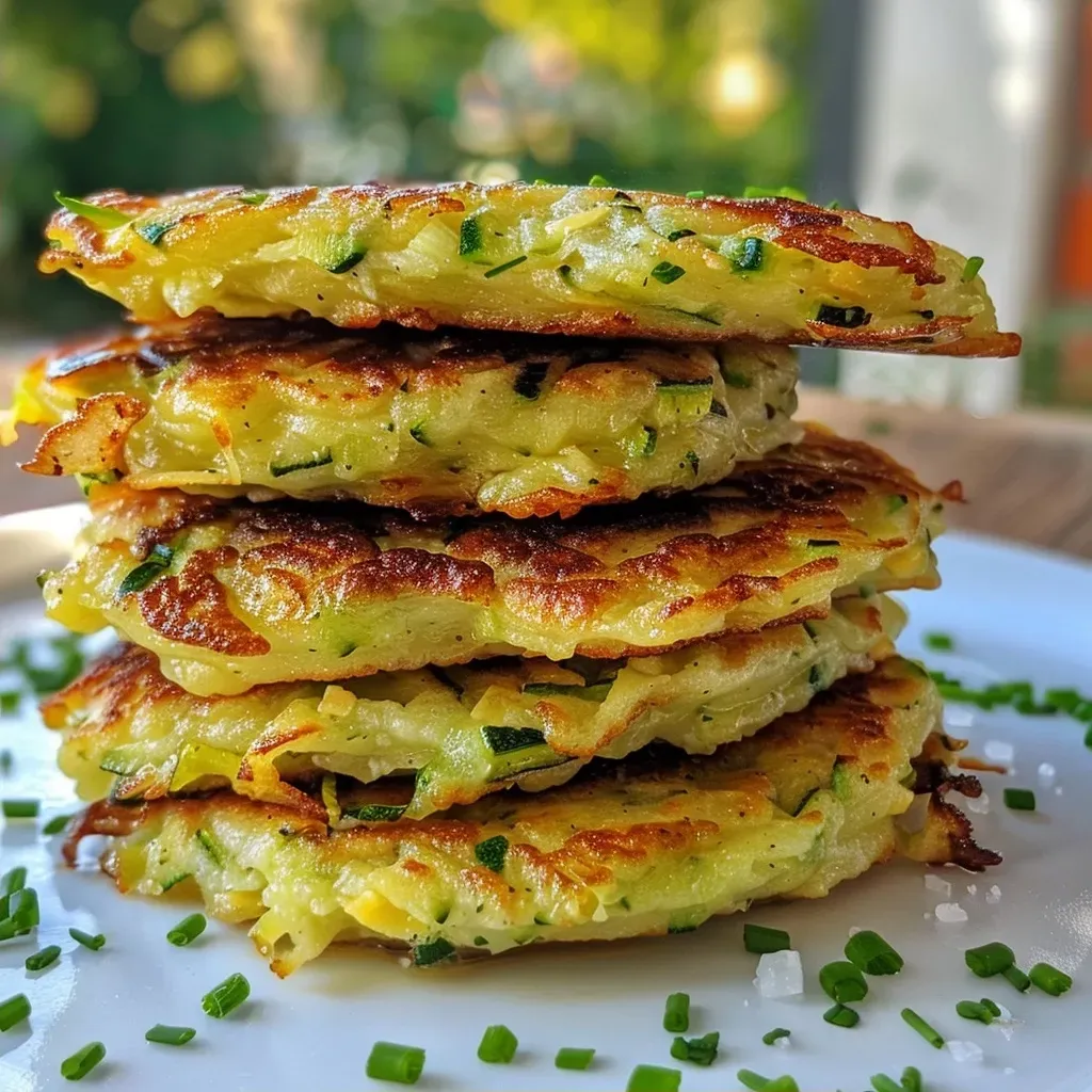 Close-up of crispy zucchini fritters with a sprinkle of chives.