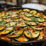 Close-up side view of a baked ground beef and zucchini casserole topped with melted cheese.
