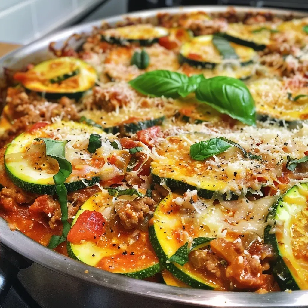 Juicy zucchini and ground beef casserole layered with cheese, displayed in a glass baking dish.