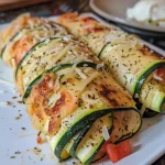 Close-up view of a zucchini wrap filled with colorful ingredients, showcasing layers of cheese and fresh vegetables.