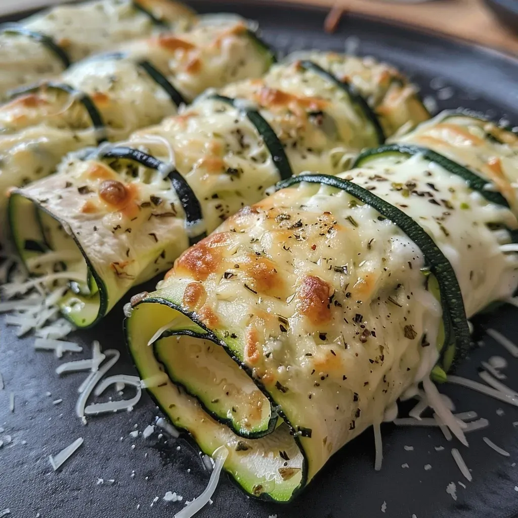 Side view of a zucchini wrap, highlighting its juicy texture and melty cheese against a blurred background.