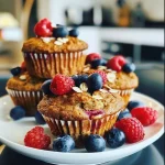 A close-up view of fluffy breakfast muffins with a golden crust and mixed berries on top.
