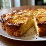 Close-up view of a slice of sugar-free plum cake on a plate, showing juicy plums and a golden crust.