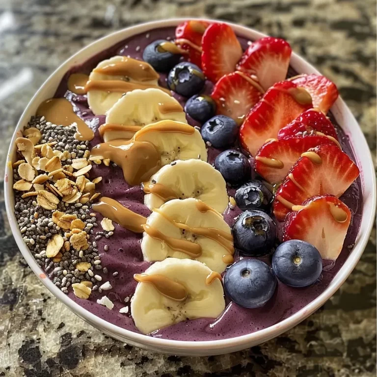 A colorful Açaí bowl filled with toppings including sliced fruit, granola, and berries.
