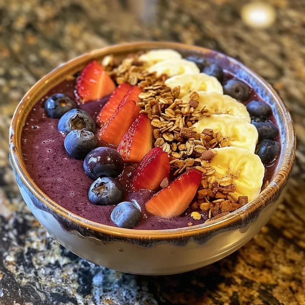 A close-up view of a vibrant Açaí bowl featuring a mix of fresh fruits and a drizzle of honey.