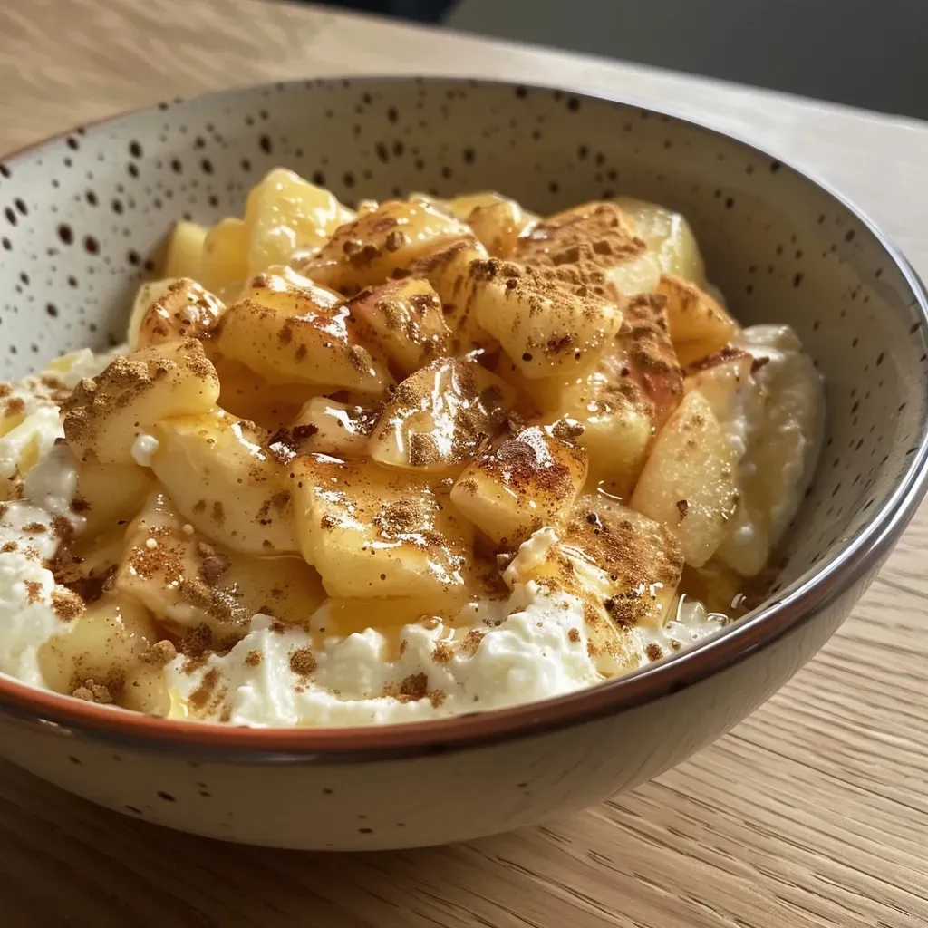 Close-up of creamy Apfel Quark with apple slices and mint.