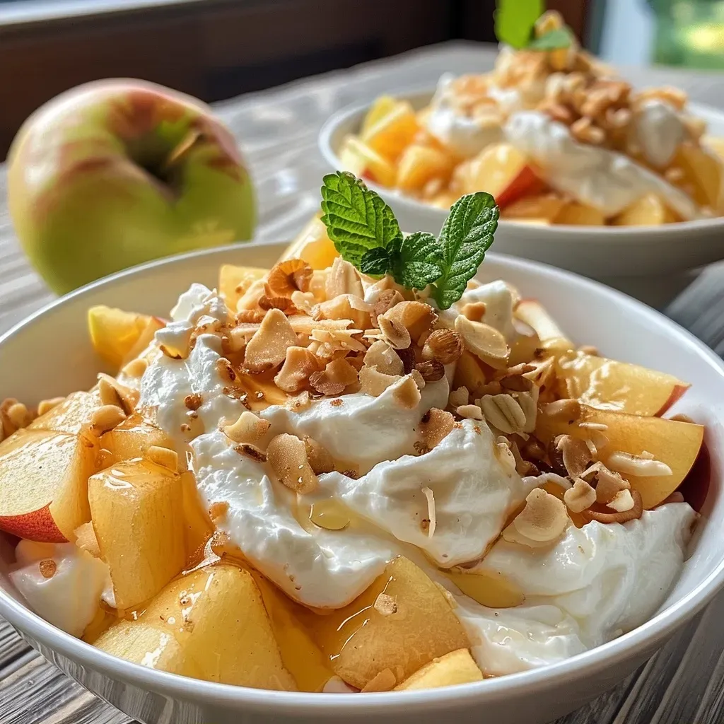 Side view of a bowl of Apfel Quark topped with fresh apples.