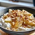 A close-up view of a creamy bowl of Apfel Zimt Quark with visible apple chunks and cinnamon sprinkled on top.