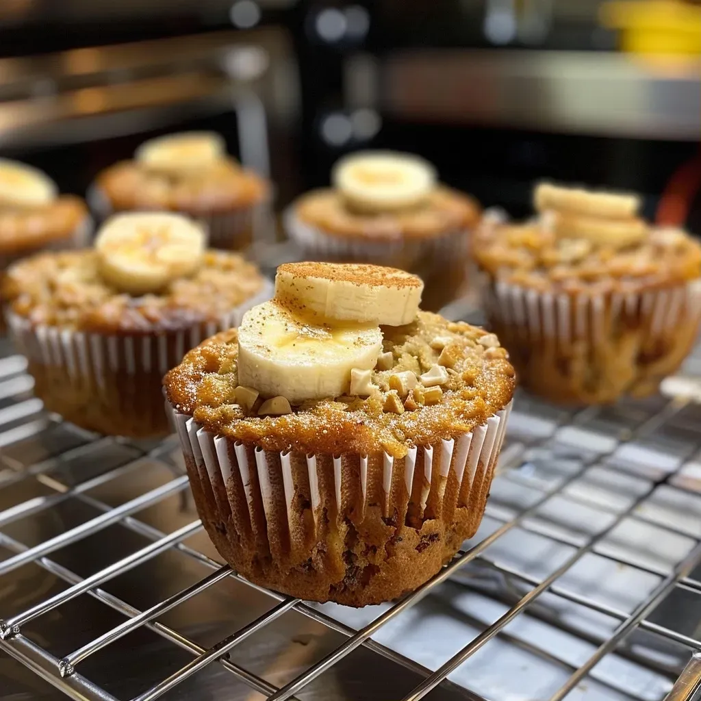 Close-up of moist banana oat protein muffins with a golden-brown top.