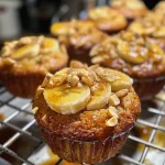 A close-up side view of freshly baked banana bread muffins on a rustic wooden surface.