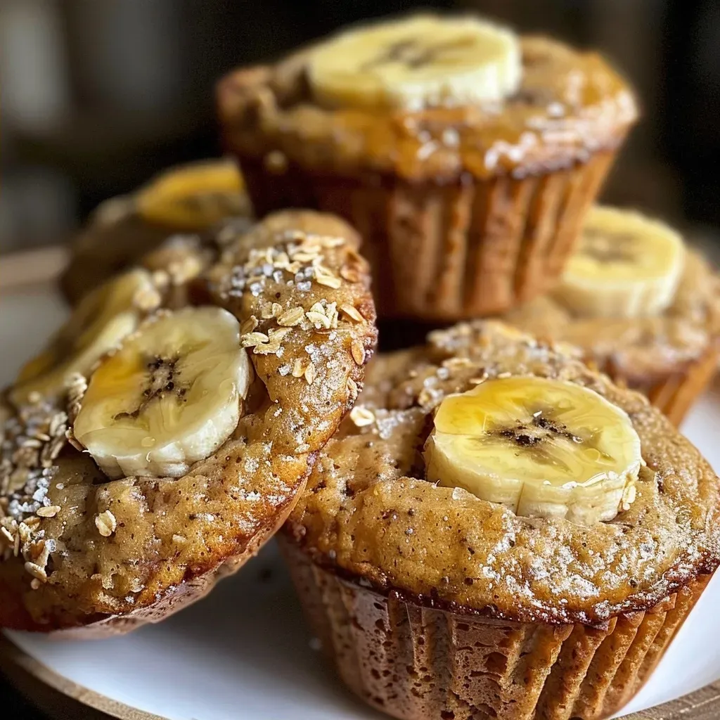 Juicy banana bread muffins displayed with a golden-brown crust and visible walnut pieces.