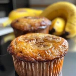Close-up side view of moist banana muffins without sugar, showing a golden-brown texture.