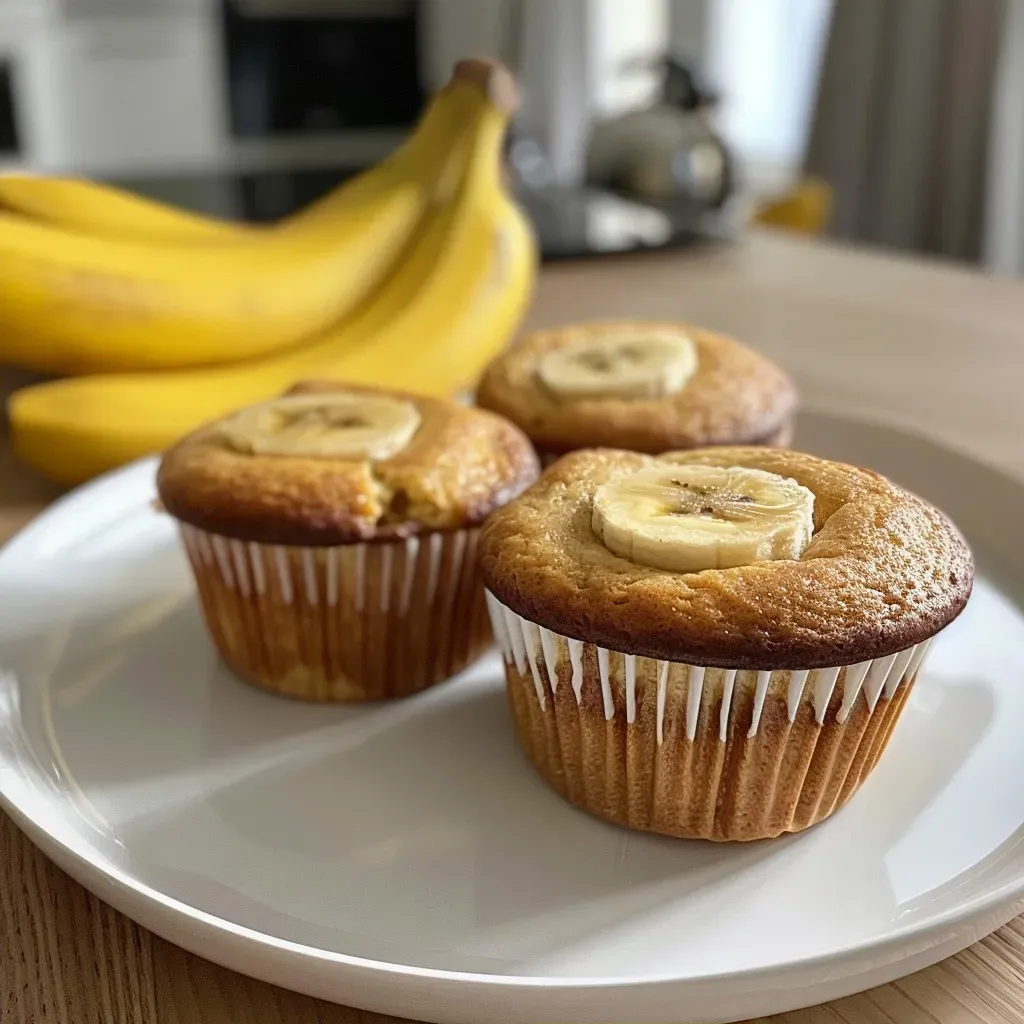 Juicy banana muffins without sugar displayed in a tempting side perspective.