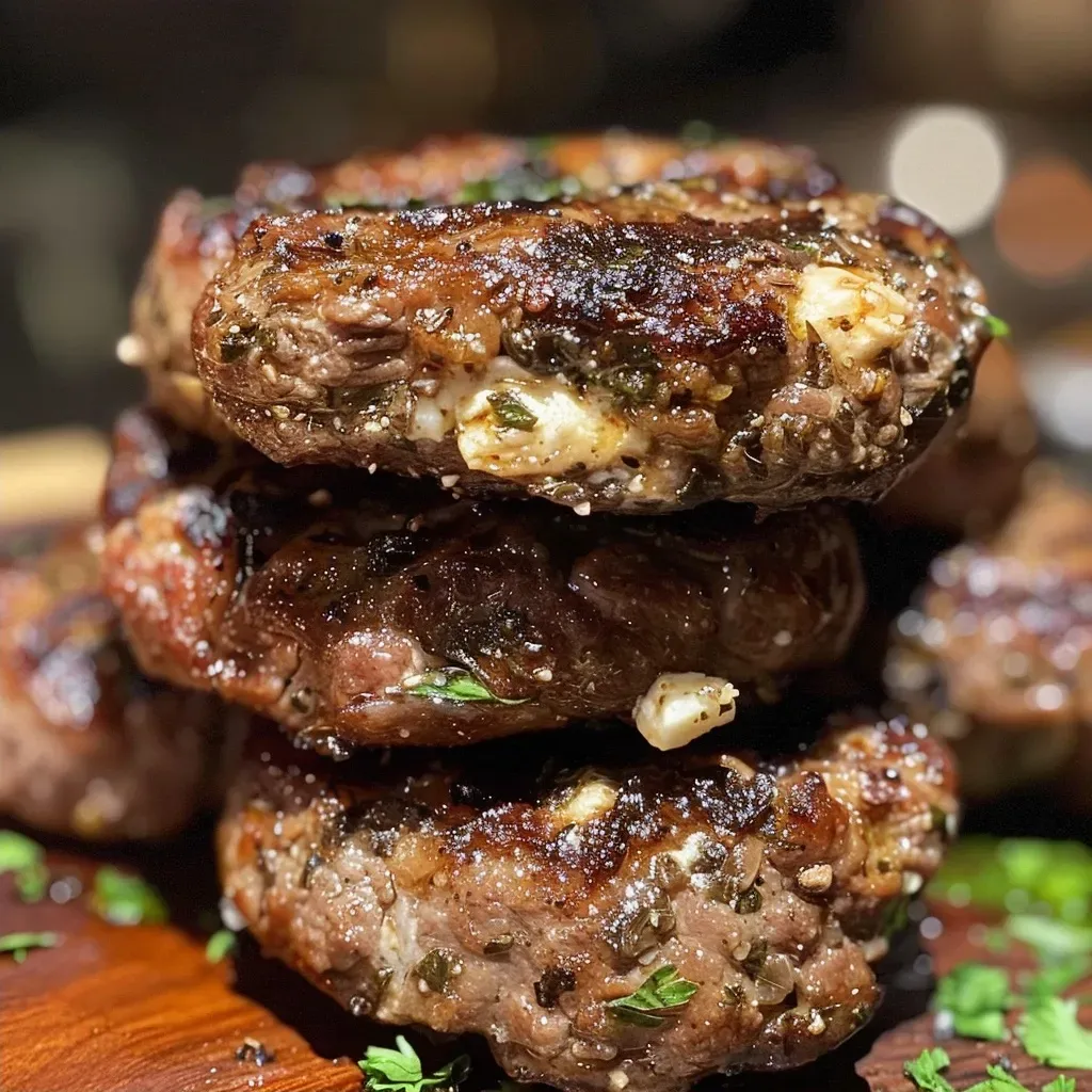 Close-up view of Bifteki featuring melted feta, garnished with fresh herbs and spices.