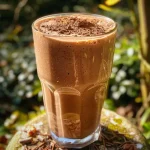 Close-up view of a green pear smoothie in a glass with ice cubes.
