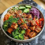 Close-up side view of a vibrant Brokkoli Tempeh Bowl featuring broccoli, tempeh, and rice.