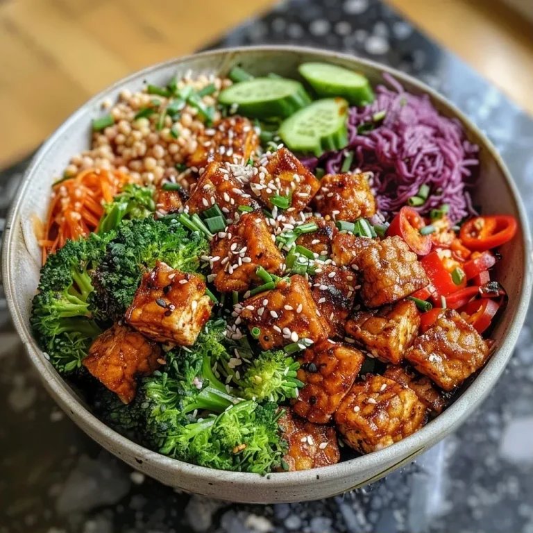 Bunte Brokkoli-Tempeh-Bowl: Einfach, gesund und lecker Close-up side view of a vibrant Brokkoli Tempeh Bowl featuring broccoli, tempeh, and rice.