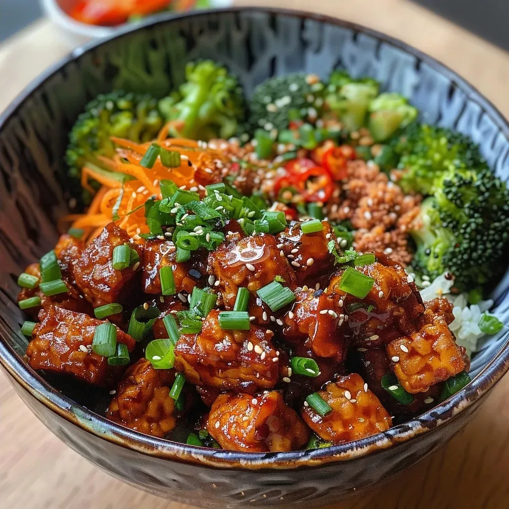 Juicy Brokkoli Tempeh Bowl displayed on a plate with fresh ingredients and garnishes.