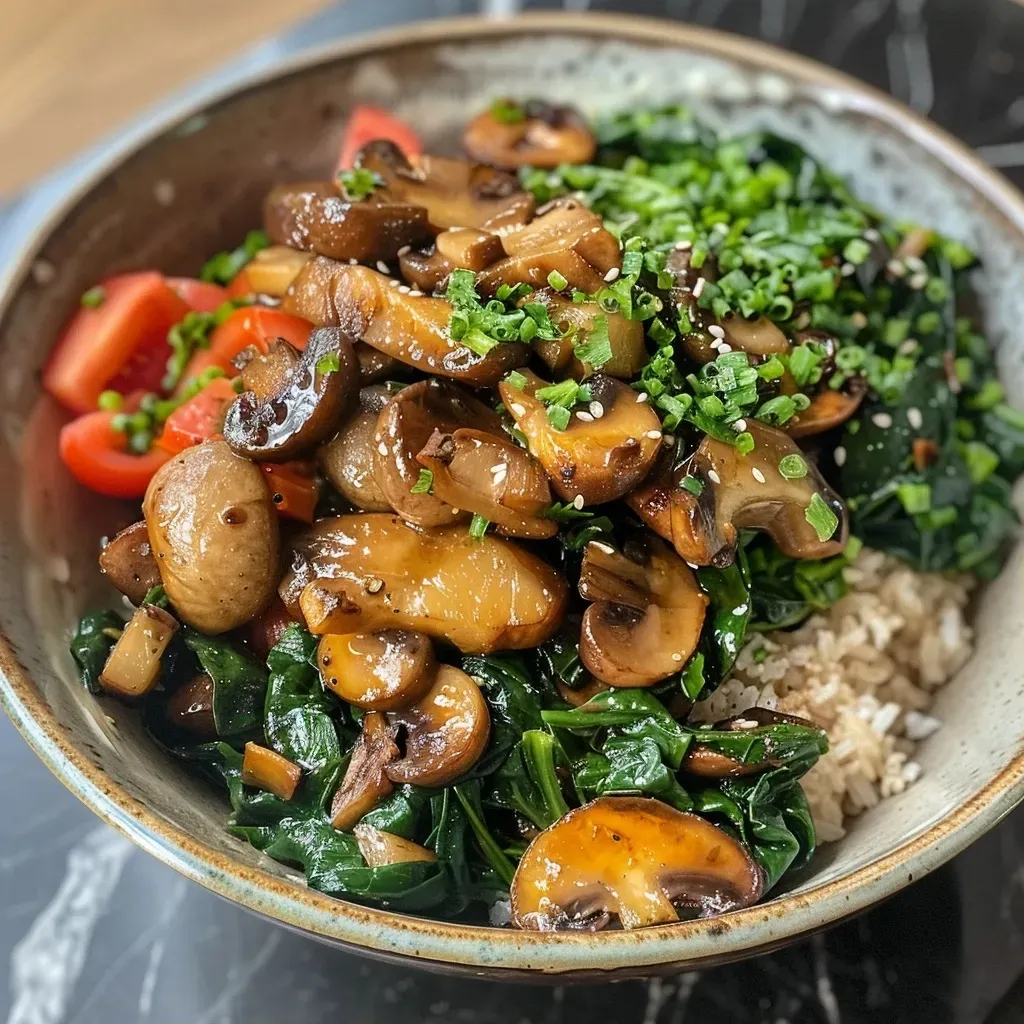 A close-up view of a nutritious Buchweizen bowl featuring mushrooms and spinach.