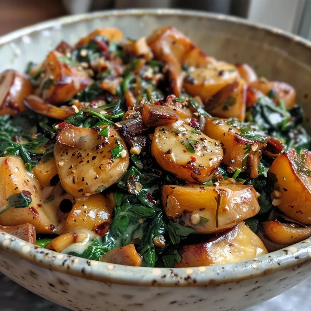 Detailed side view of a colorful Buchweizen bowl with sautéed mushrooms and fresh spinach.