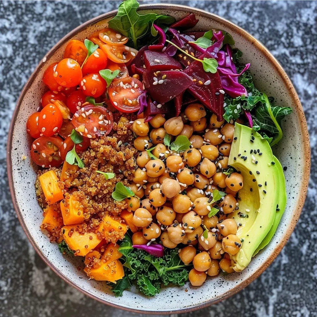 Close-up view of a colorful Buddha Bowl featuring brown rice, red cabbage, baby spinach, avocado, and sweet potato chunks.