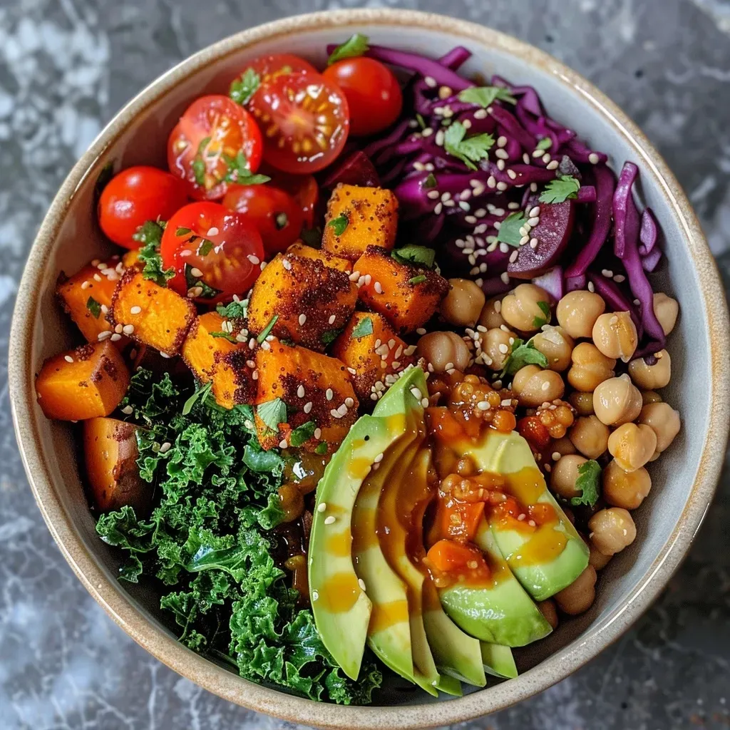 Side view of a vibrant Buddha Bowl filled with cooked brown rice, chickpeas, and fresh vegetables, topped with sauces.