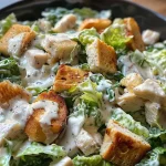 Close-up of a light Caesar salad featuring grilled chicken breast and vibrant greens.