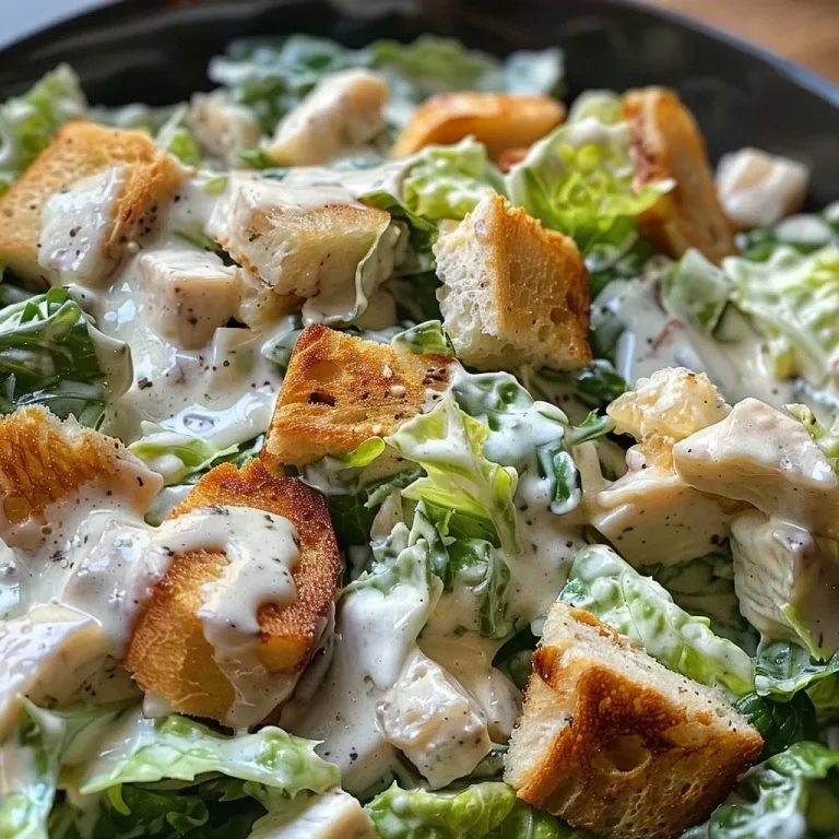 Close-up of a light Caesar salad featuring grilled chicken breast and vibrant greens.