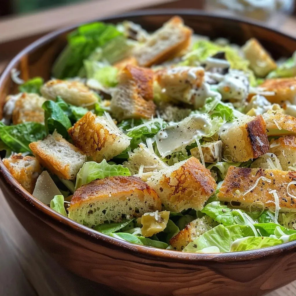 Side view of a healthy Caesar salad with chicken, croutons, and creamy dressing.