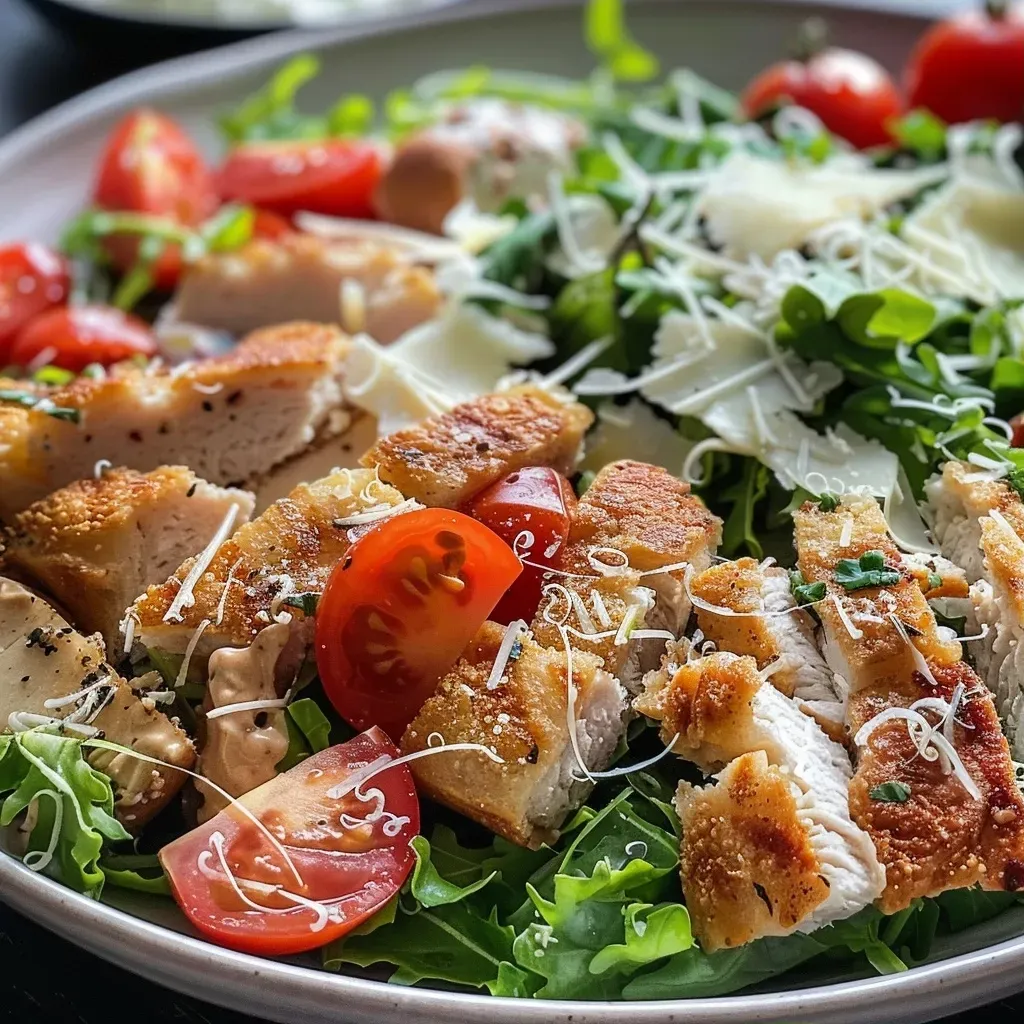 Close-up of a Caesar Salad with chicken, showcasing fresh Romaine, cherry tomatoes, and Parmesan.