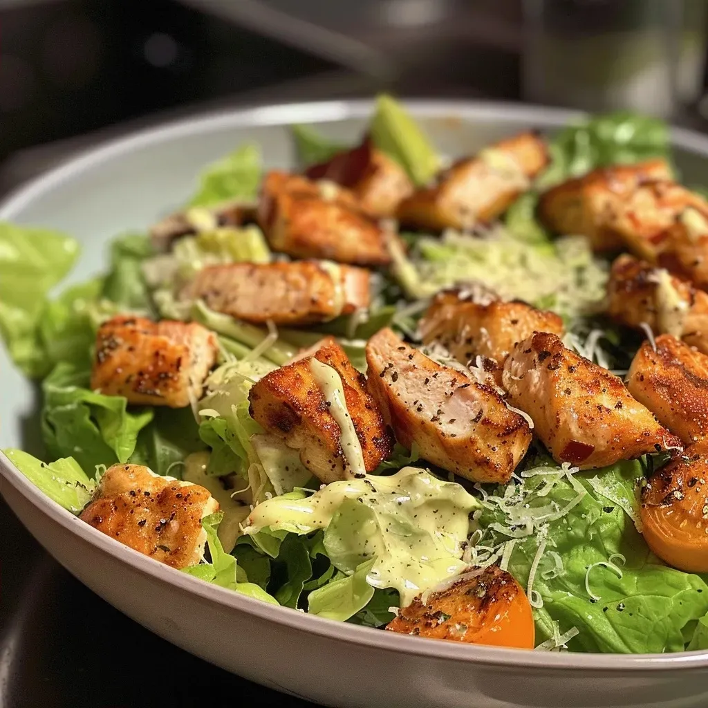 Side view of a delicious Caesar Salad featuring grilled chicken breast and crispy croutons.