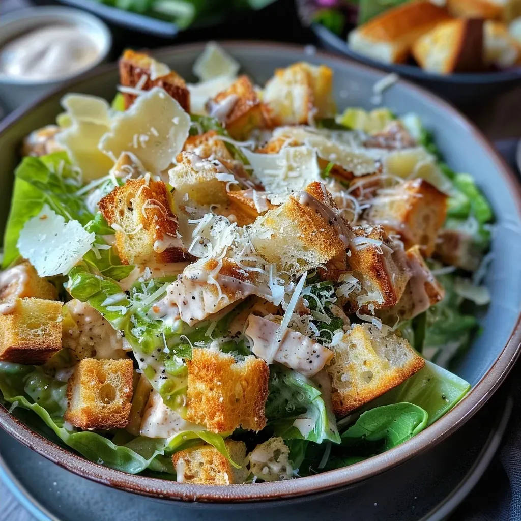 Side view of a delicious Caesar salad topped with juicy chicken breast, demonstrating vibrant green lettuce and dressing.