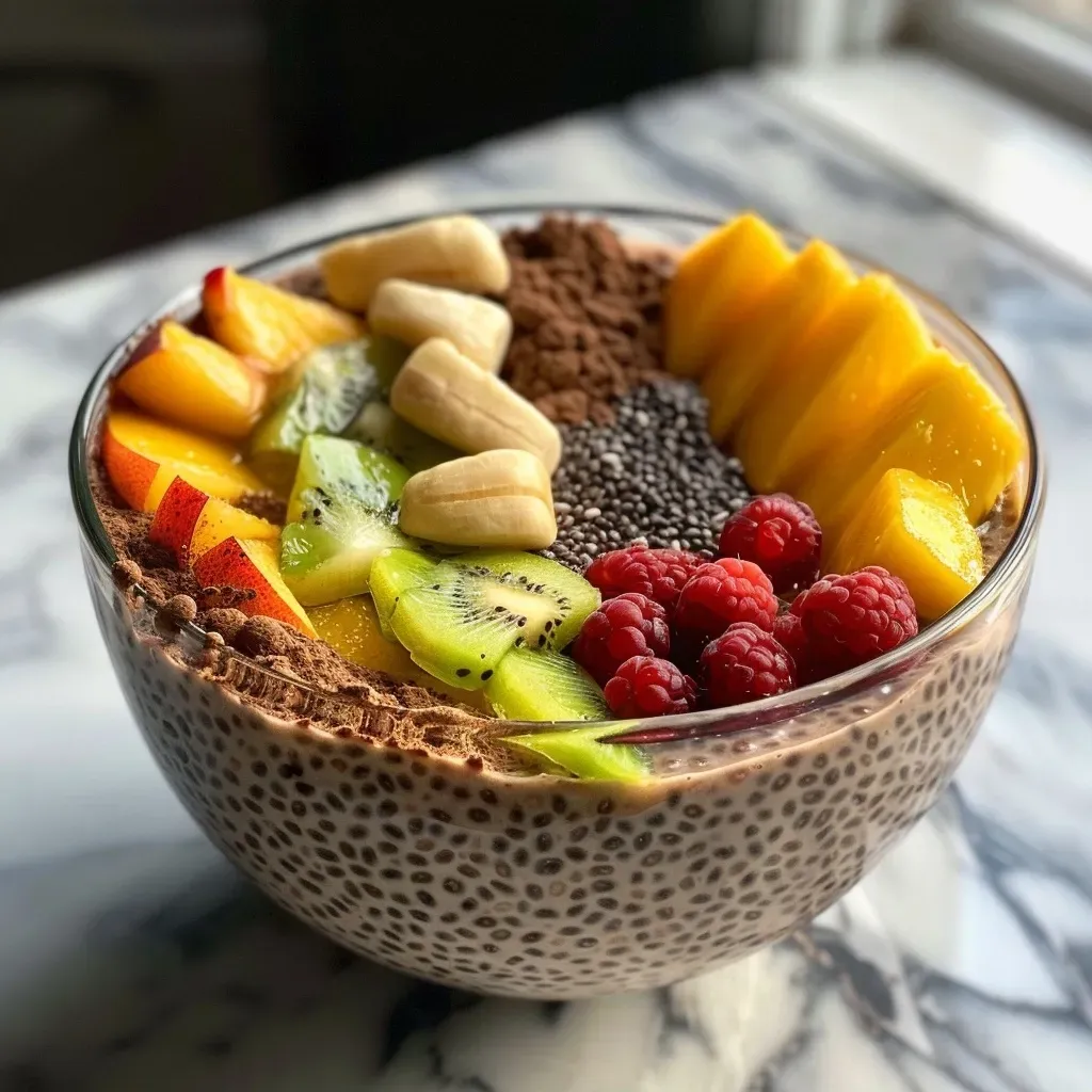 A side view of a colorful meal prep chia pudding with layers of chia seeds, milk, and assorted fruits.