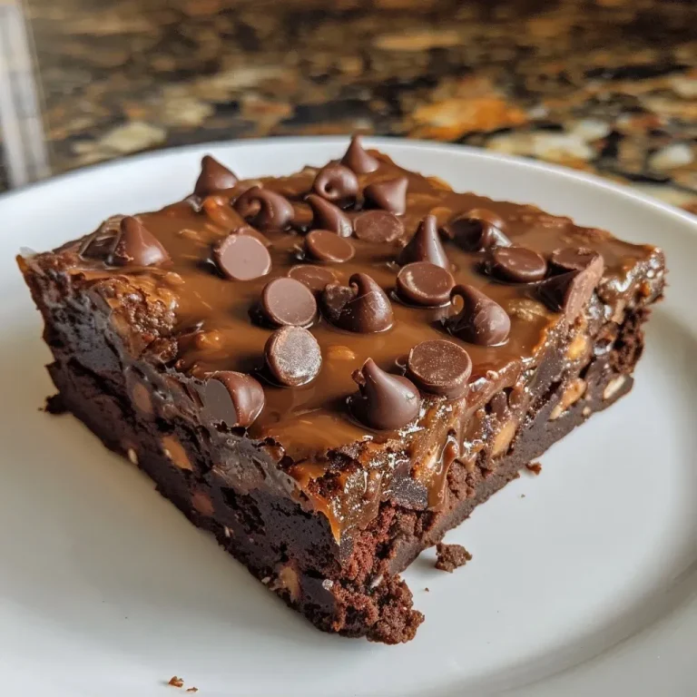 Close-up of moist cottage cheese brownies topped with chocolate chips.