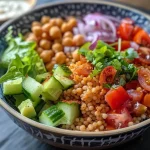 A close-up of a colorful couscous bowl filled with fresh vegetables and chickpeas.