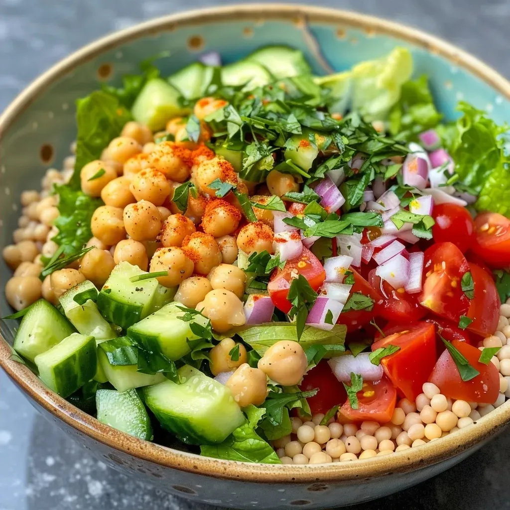 Side view of a delicious couscous bowl showcasing vibrant ingredients and textures.