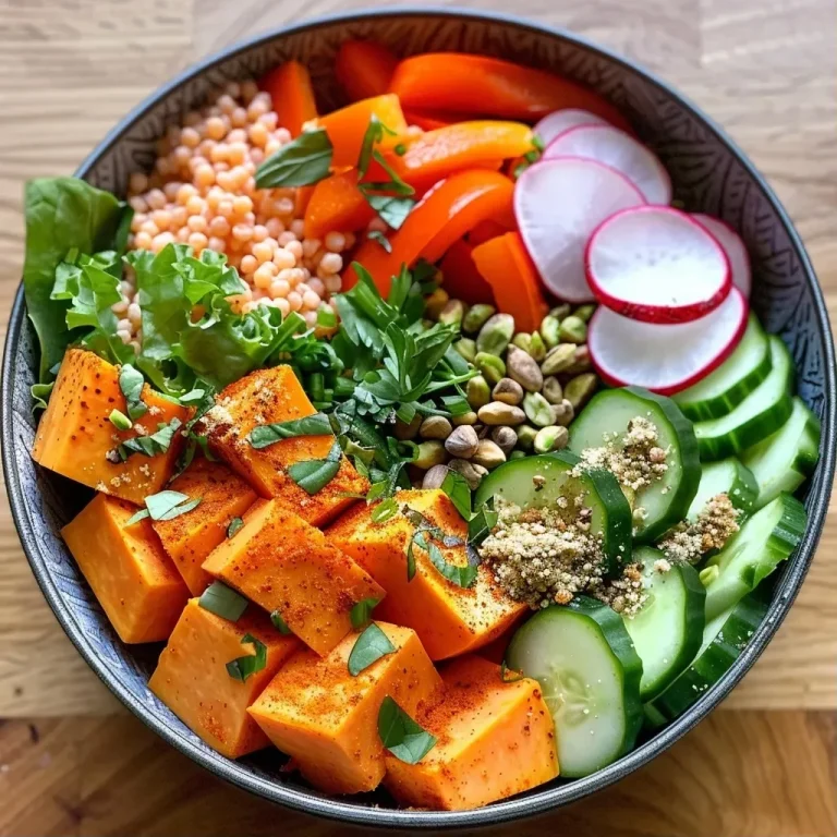 Close-up view of a vibrant Couscous Buddha Bowl featuring colorful vegetables.