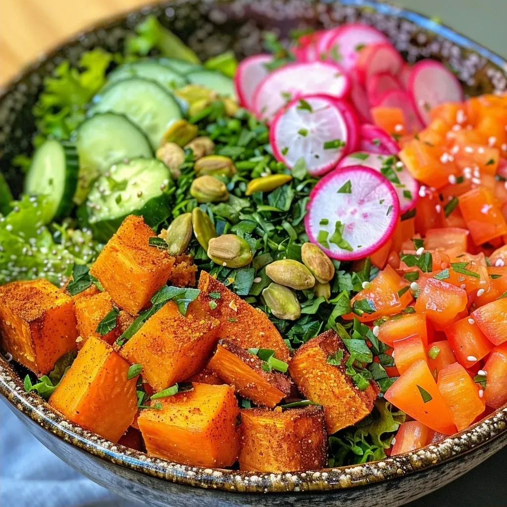 Side view of a Couscous Buddha Bowl with diced sweet potato, zucchini, and cucumber.