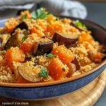 A close-up side view of a colorful couscous dish with eggplant and vegetables.