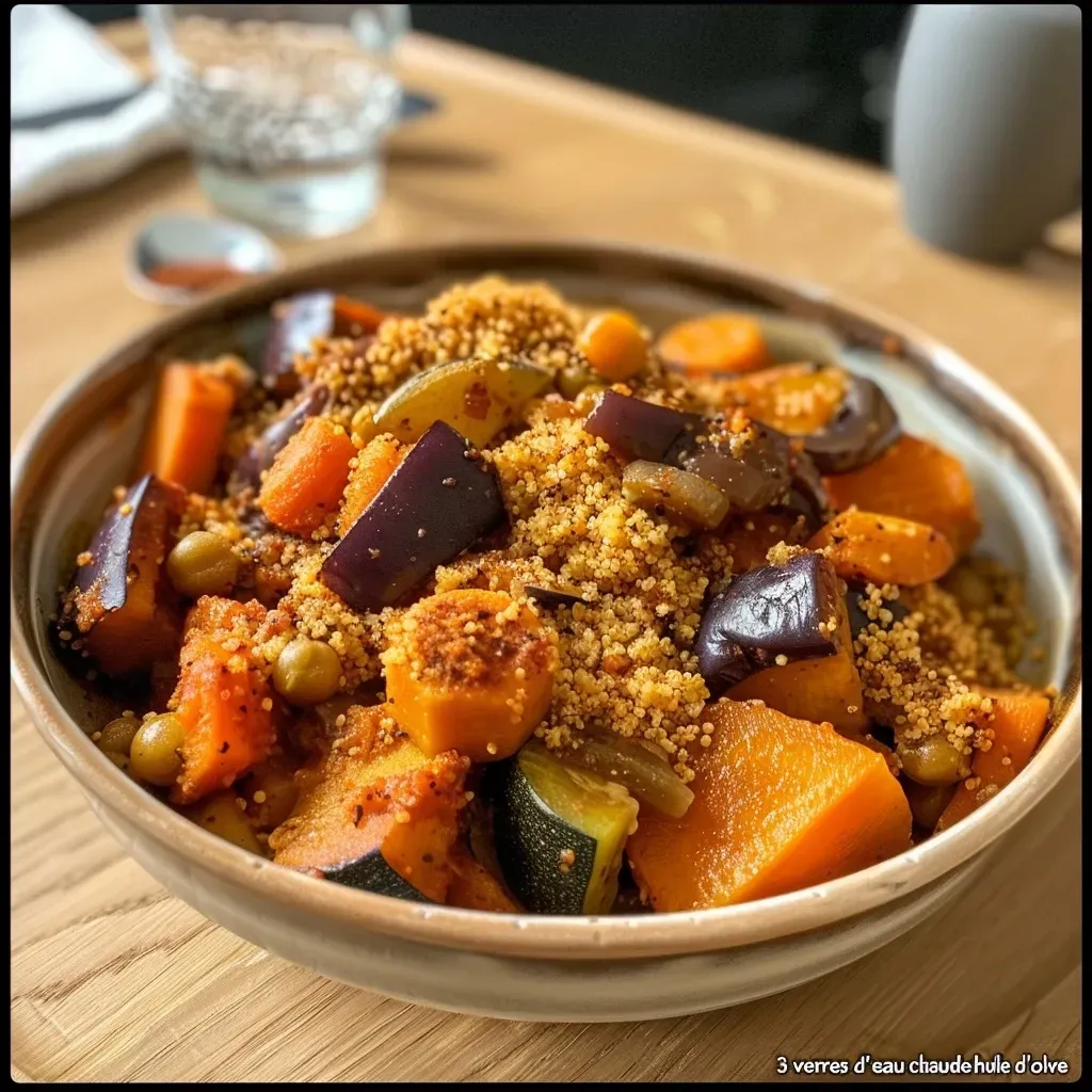 Juicy couscous mixed with diced eggplant, carrots, and peas, presented in a vibrant bowl.