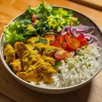 A close-up view of a curry chicken bowl featuring juicy chicken, rice, and fresh vegetables.