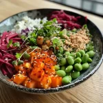 Close-up of a vibrant Edamame Glass Noodle Bowl with colorful vegetables and a creamy peanut dressing.