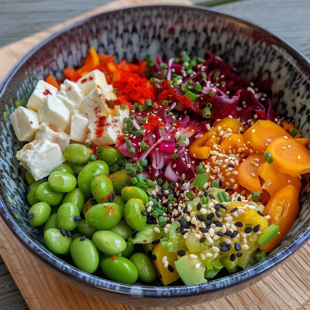 Side view of an Edamame Glass Noodle Bowl filled with fresh ingredients and garnished with herbs and sesame.