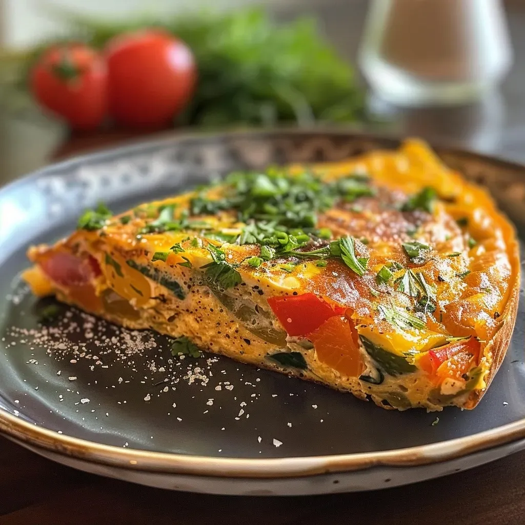 Close-up of a colorful frittata with bits of vegetables, showcasing a fluffy texture.